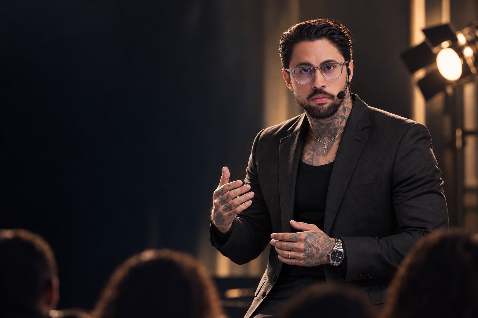 Ilustração de campanha: Jean Falcão com microfone em uma palestra, criada com IA